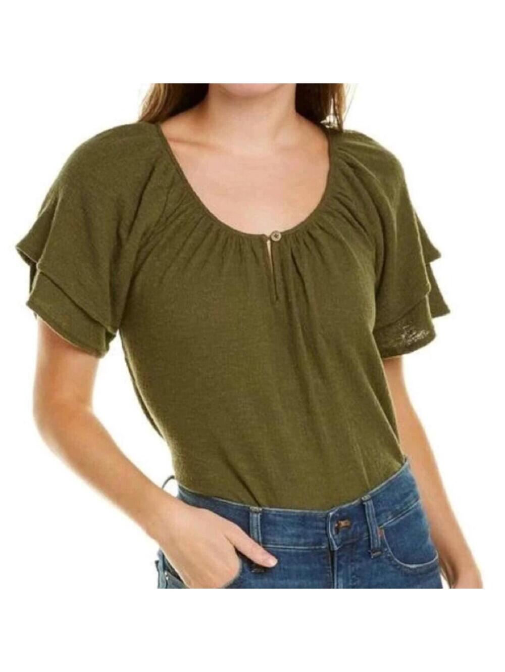 NWT Madewell Olive Green textured Thread Tiered short Sleeve Blouse Top Medium